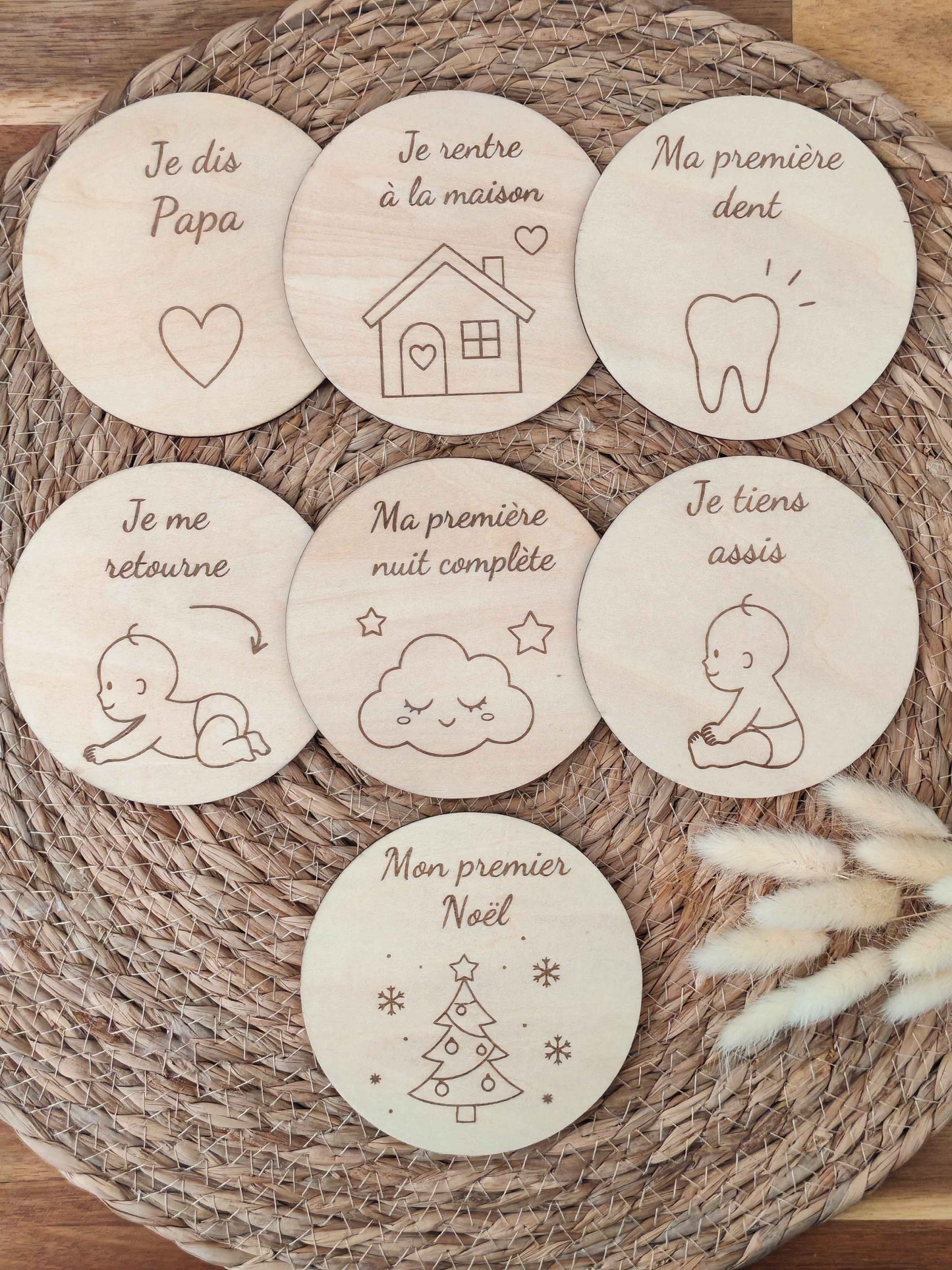 Cartes étapes bébé en bois – Lot de 15 (recto / verso personnalisable