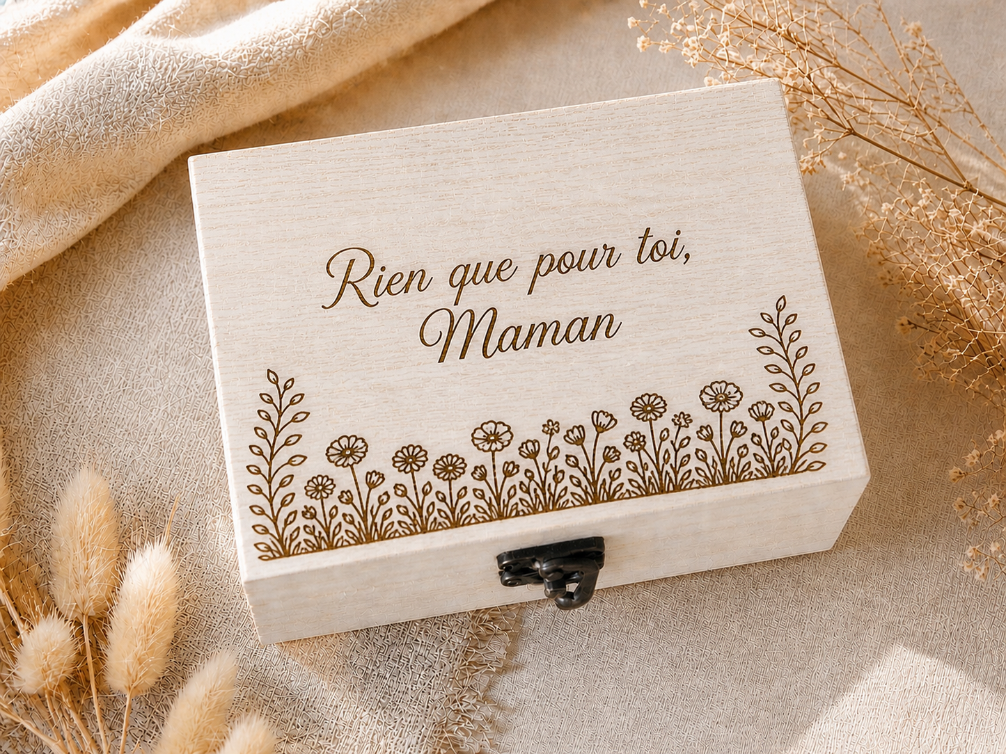 Coffret cadeau Maman personnalisé – boîte en bois gravée + 3 fondants parfumés