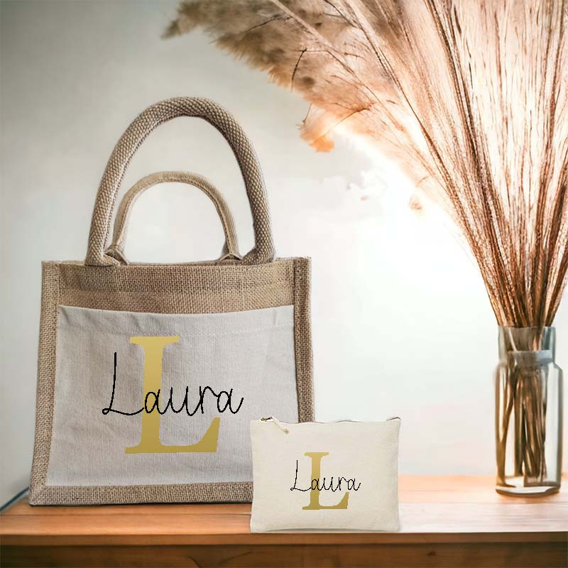 Duo Sac Shopping en Toile de Jute et Trousse en Coton
