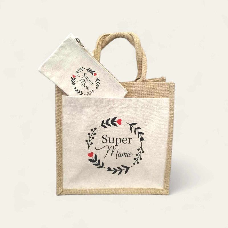 Duo Sac Shopping en Toile de Jute et Trousse en Coton