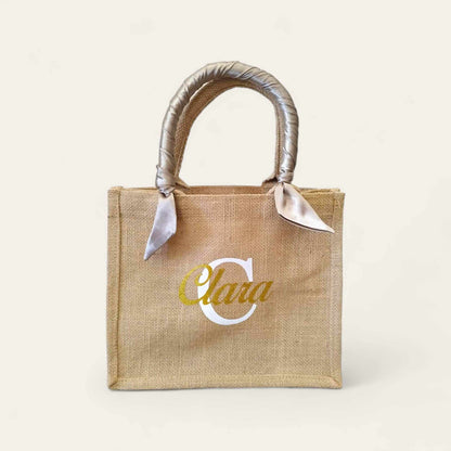 Petit sac en jute personnalisé avec foulard en soie