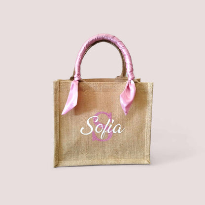 Petit sac en jute personnalisé avec foulard en soie