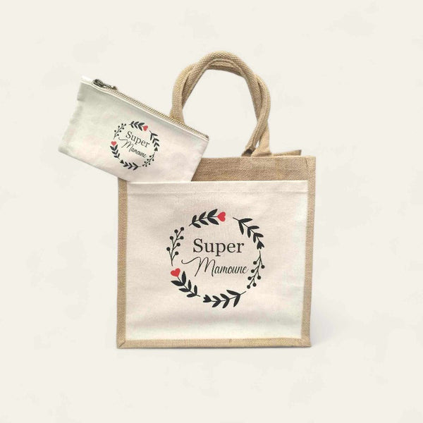 Duo Sac Shopping en Toile de Jute et Trousse en Coton