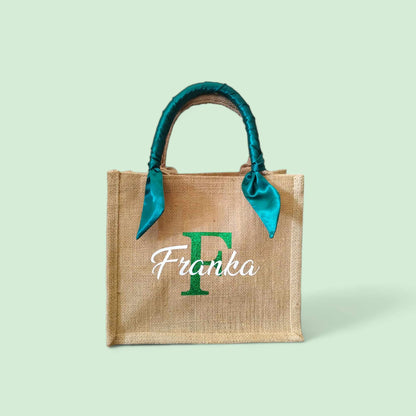 Petit sac en jute personnalisé avec foulard en soie