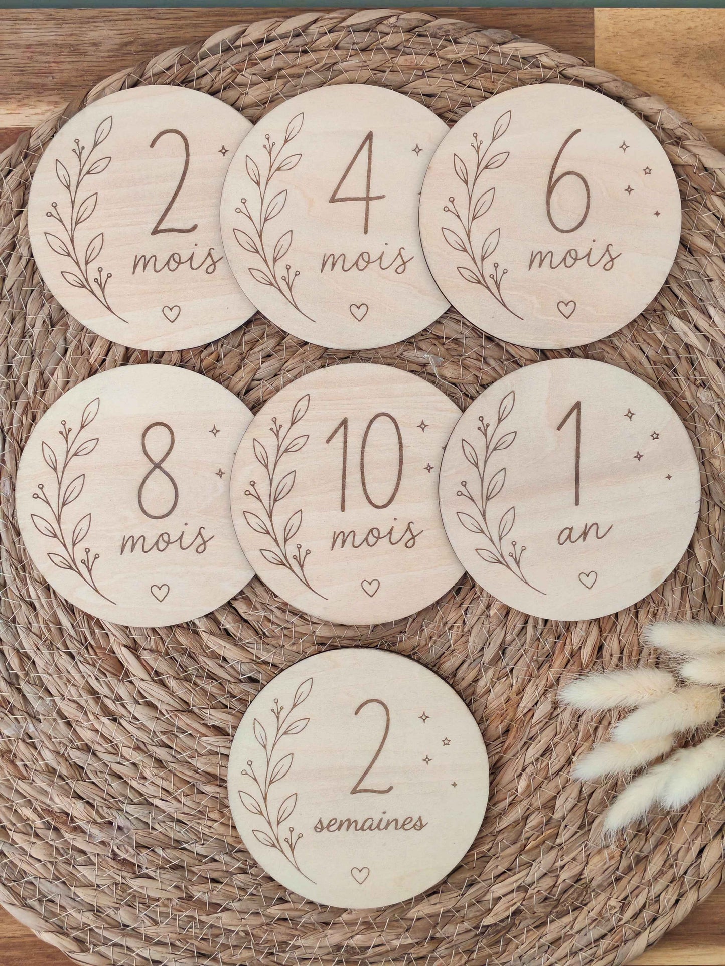 Cartes étapes bébé en bois – Lot de 15 (recto / verso personnalisable