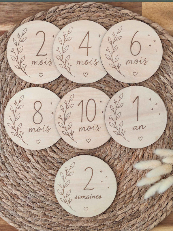 Cartes étapes bébé en bois – Lot de 15 (recto / verso personnalisable