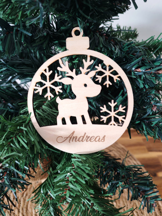 Boule Renne Noël Bois Gravé