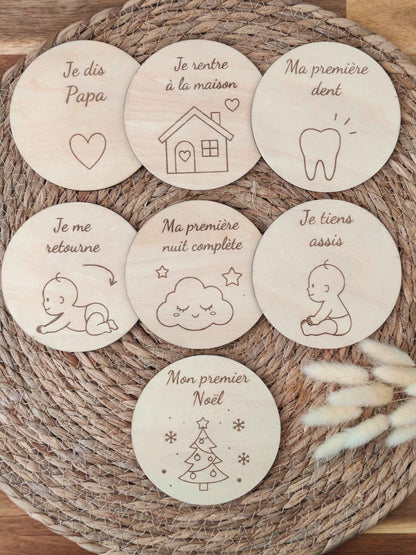 Cartes étapes bébé en bois – Lot de 15 (recto / verso personnalisable