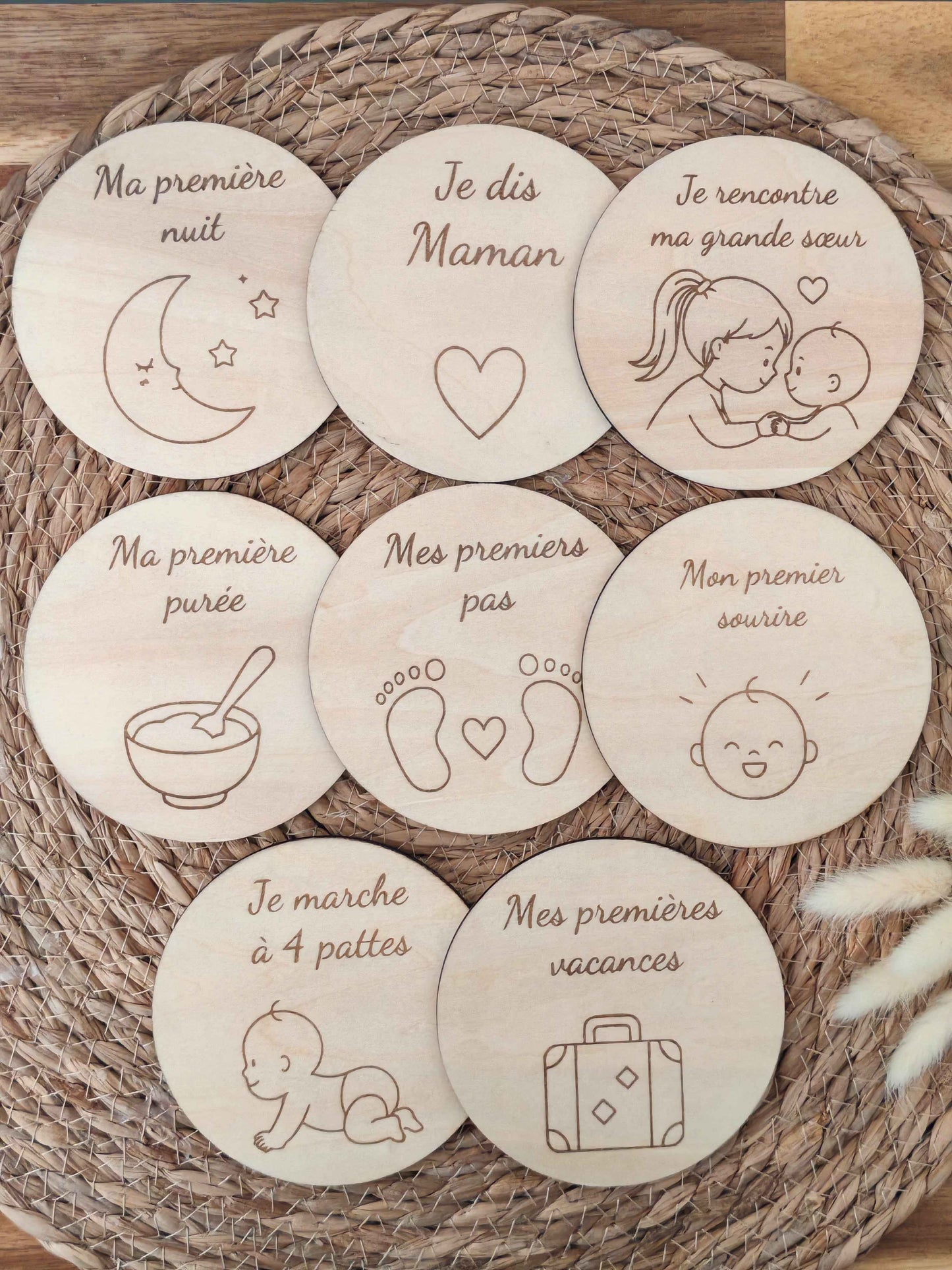 Cartes étapes bébé en bois – Lot de 15 (recto / verso personnalisable