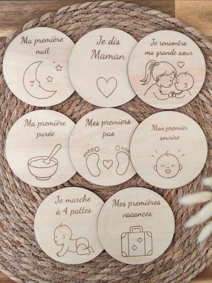 Cartes étapes bébé en bois – Lot de 15 (recto / verso personnalisable