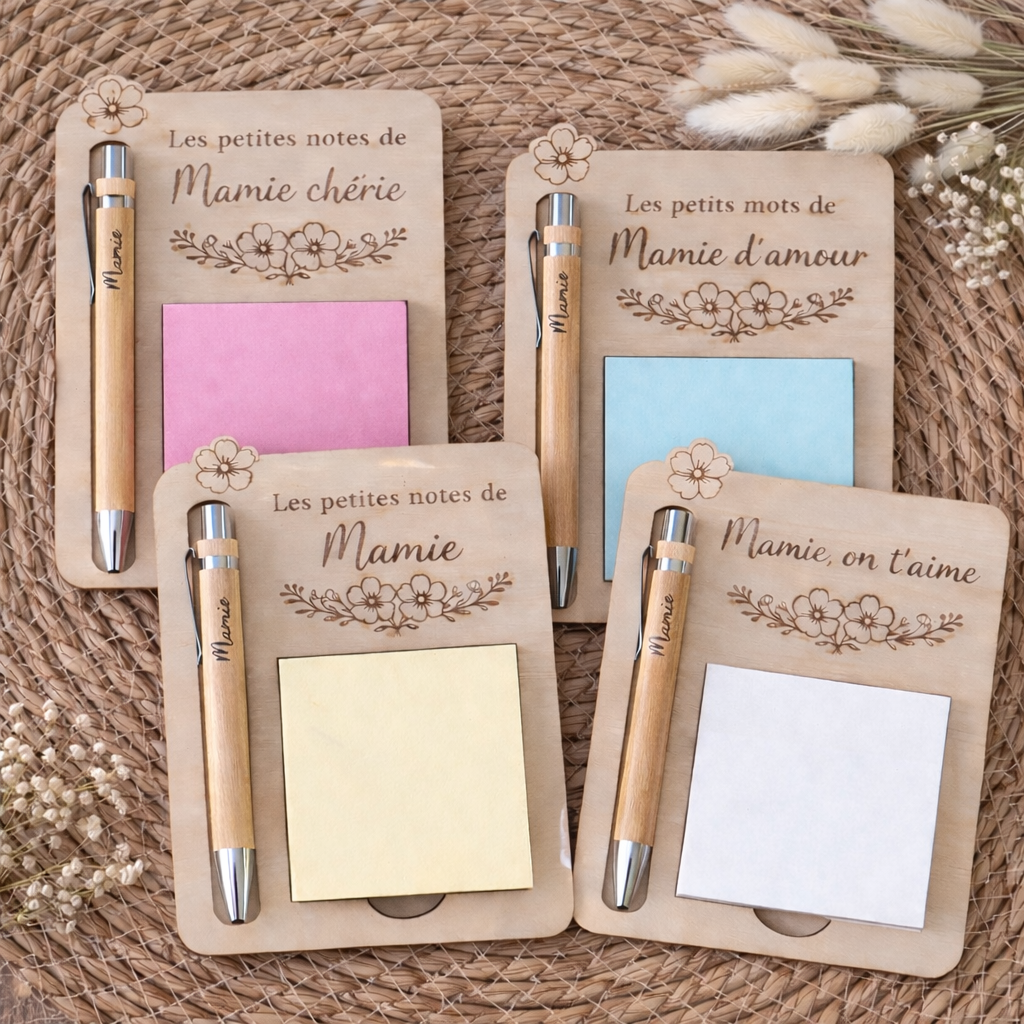 Bloc-notes en bois personnalisé – Mamie 🌼