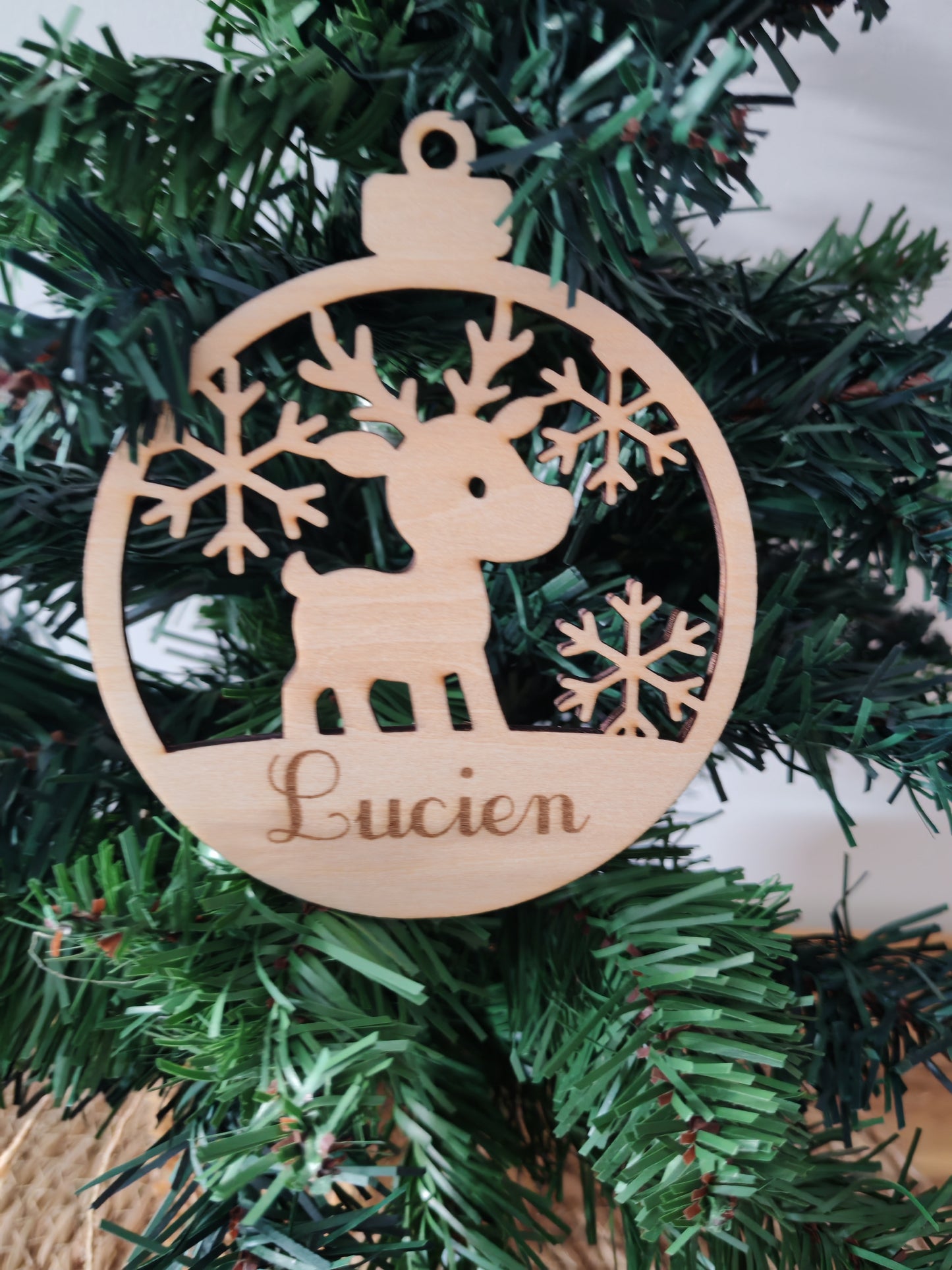 Boule Renne Noël Bois Gravé