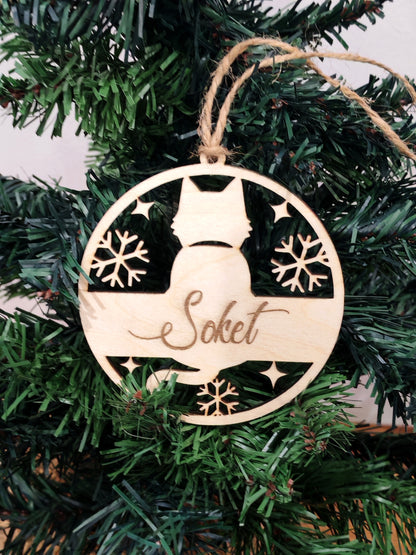 Boule Noël Chat en Bois Gravé