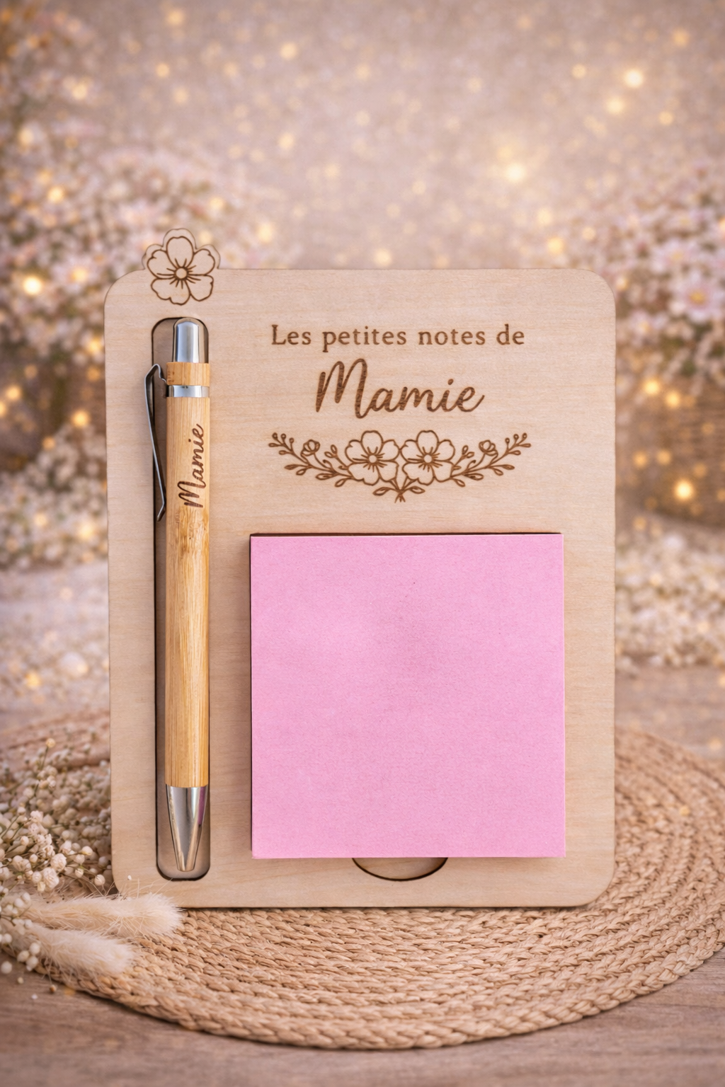 Bloc-notes en bois personnalisé – Mamie 🌼