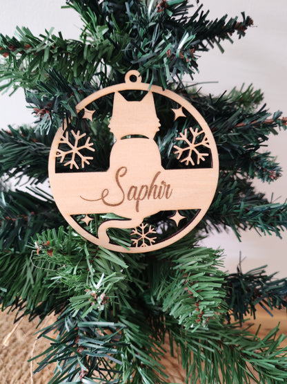Boule Noël Chat en Bois Gravé