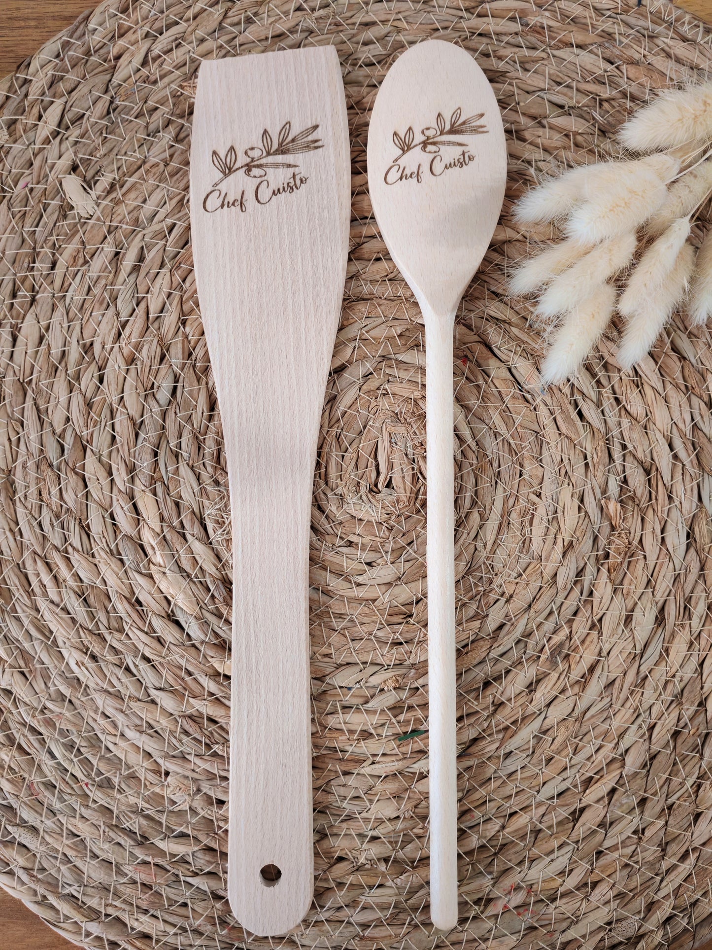 Duo spatule et cuillère en bois gravé