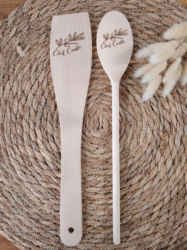 Duo spatule et cuillère en bois gravé