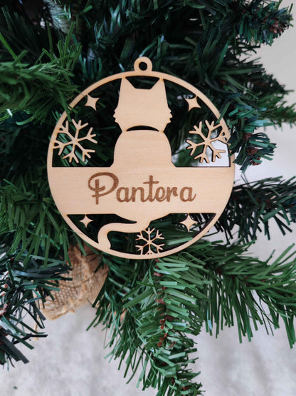 Boule Noël Chat en Bois Gravé