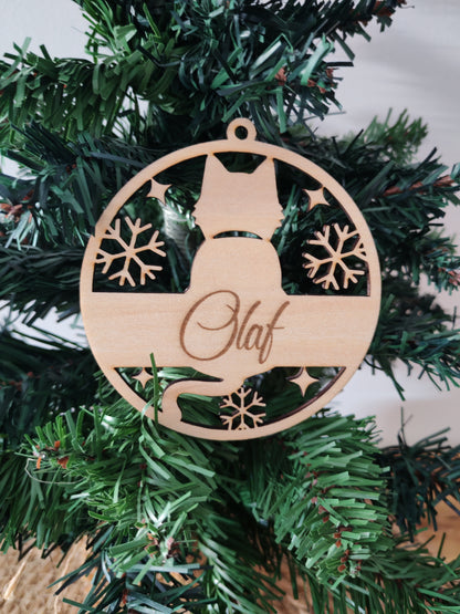Boule Noël Chat en Bois Gravé