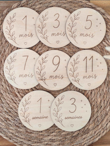 Cartes étapes bébé en bois – Lot de 15 (recto / verso personnalisable