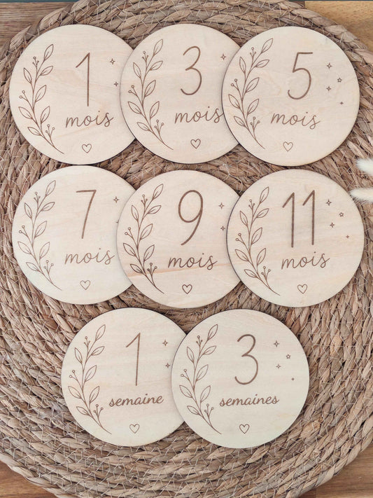Cartes étapes bébé en bois – Lot de 15 (recto / verso personnalisable