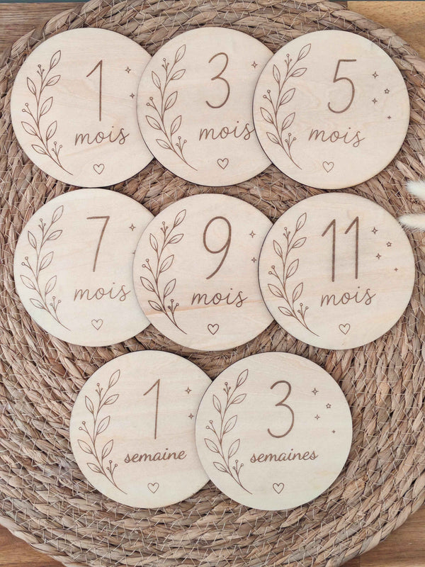 Cartes étapes bébé en bois – Lot de 15 (recto / verso personnalisable